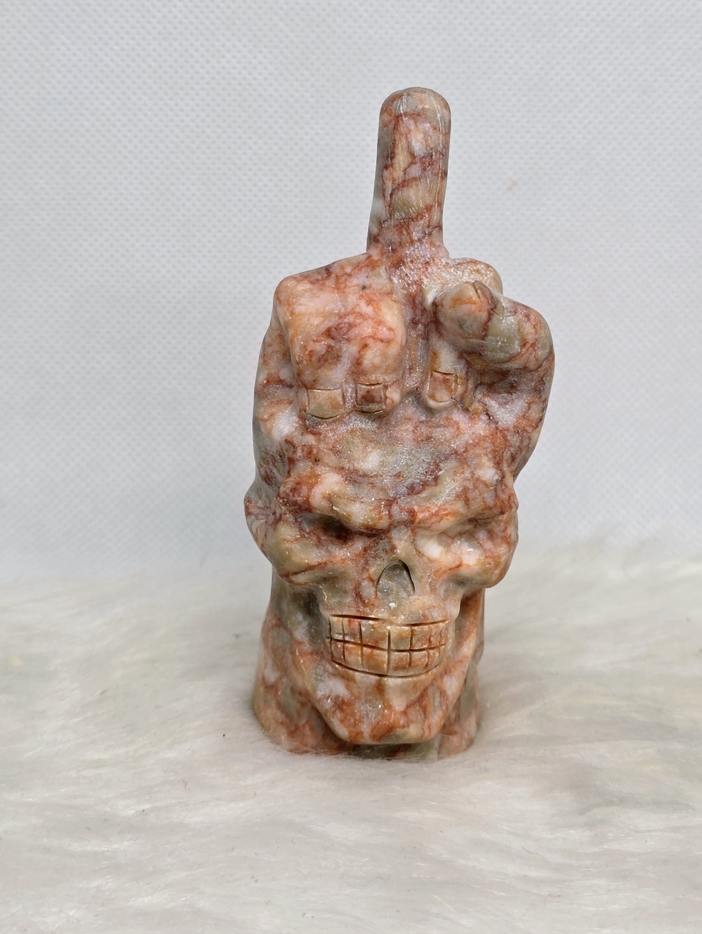 Unpolished Crystal Skull Middle Finger Carving Red Vein Stone Raw Gothic Decor